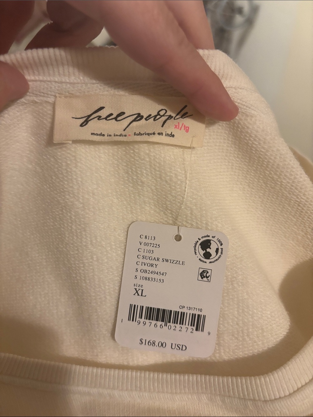 Free People Iris Embroidered Sweatshirt-Sugar Swizzle Ivory- Size XL- NWT - Picture 9 of 10